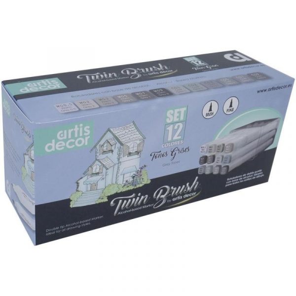 SET 12 ROTULADORES TWIN BRUSH (Pincel/Fino 1mm) ARTIS DECOR-TONOS GRISES